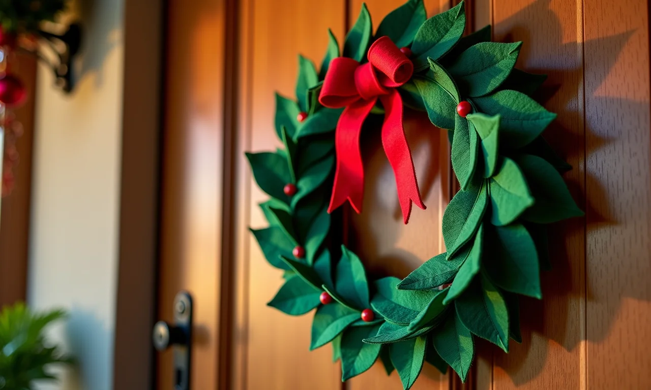 Guirlanda de feltro artesanal pendurada em uma porta de madeira.