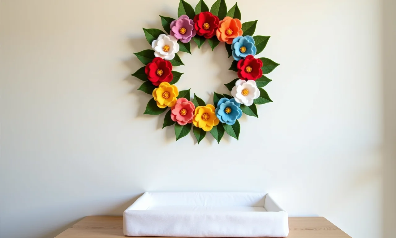 Guirlanda de feltro com flores coloridas.