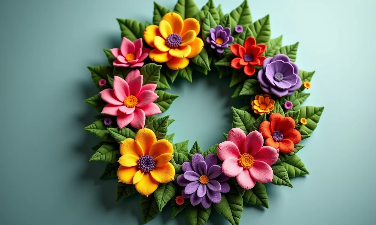 Guirlanda de feltro com flores e folhagens.