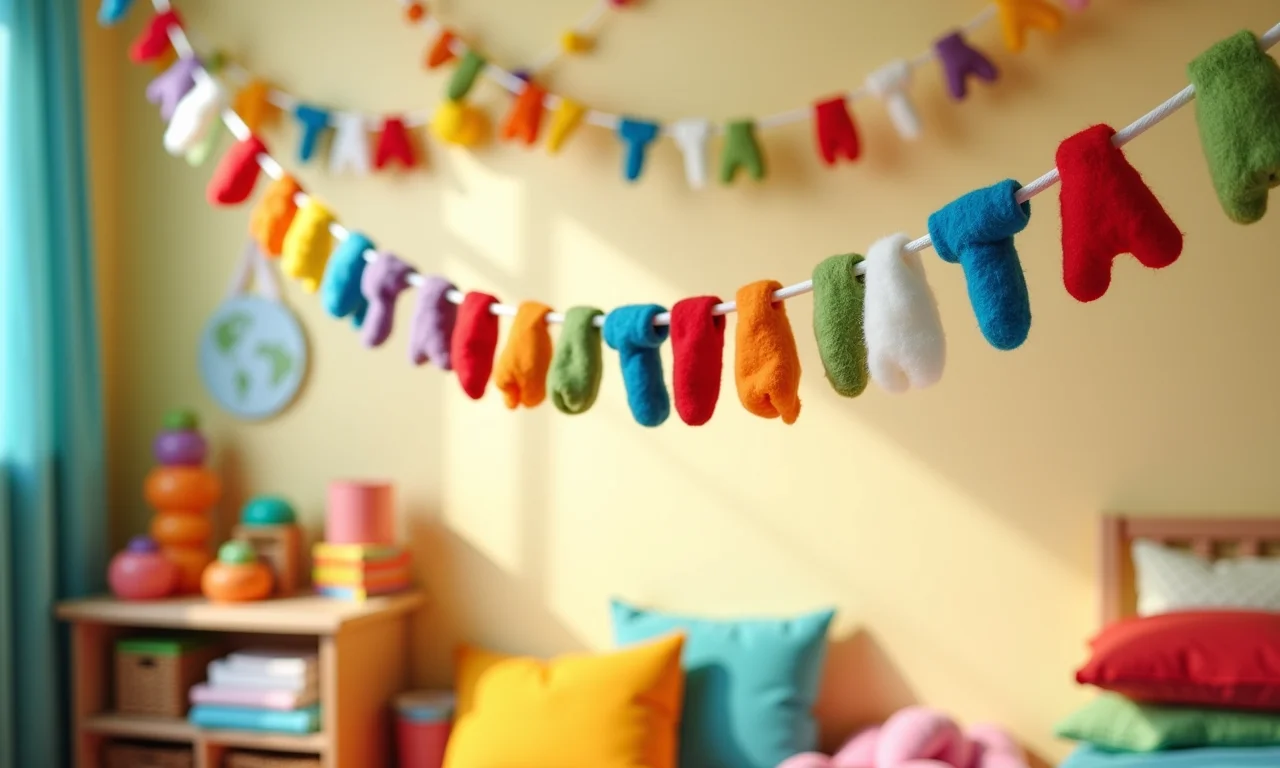 Guirlanda de feltro da Galinha Pintadinha decorando um quarto infantil colorido.