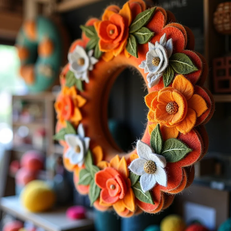 Guirlanda de feltro exposta em feira de artesanato.