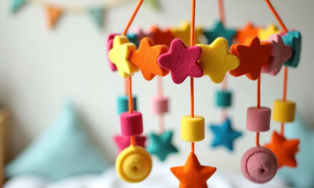 Guirlanda de feltro para bebê com formas coloridas.