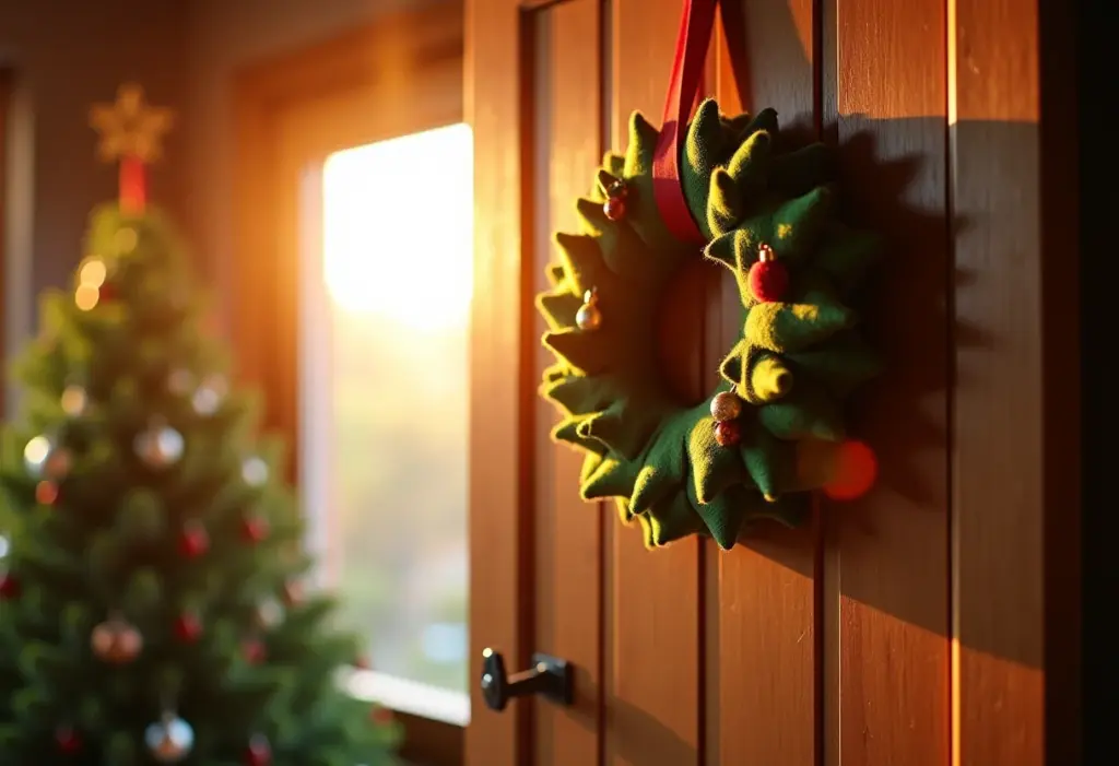 Guirlanda de feltro: Passo a passo fácil e um Natal lucrativo! Guirlanda de feltro pendurada em porta de madeira decorada para o Natal.