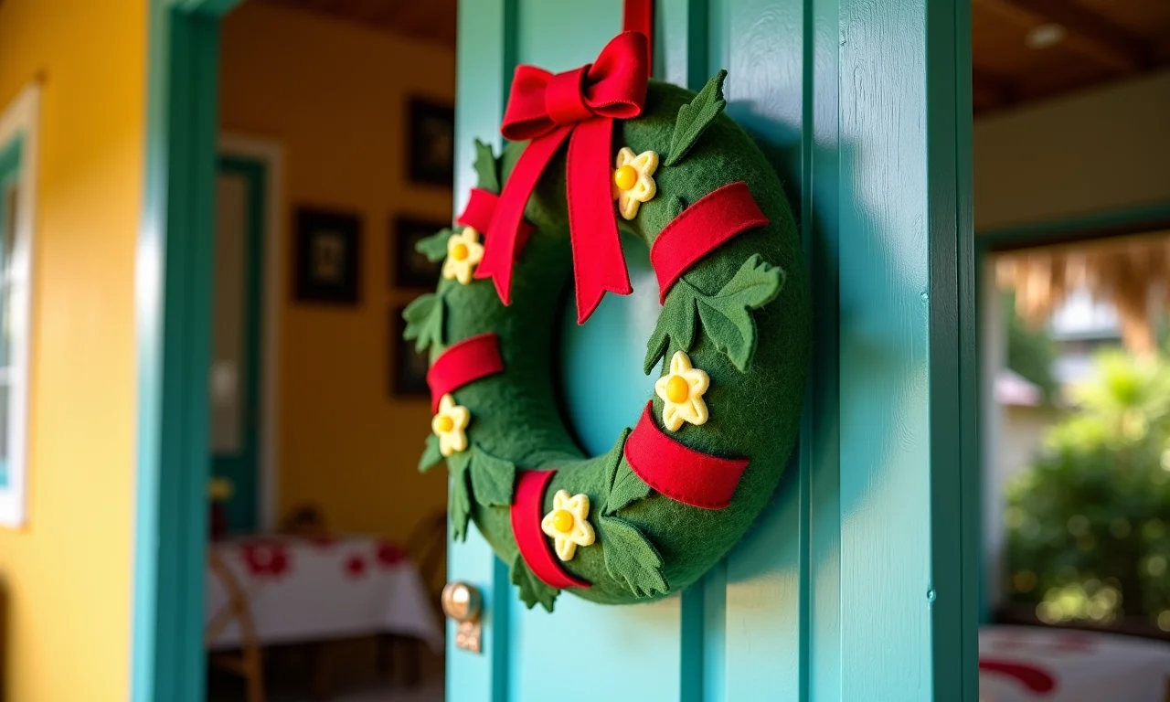 Guirlanda de feltro pendurada na porta de uma casa brasileira.