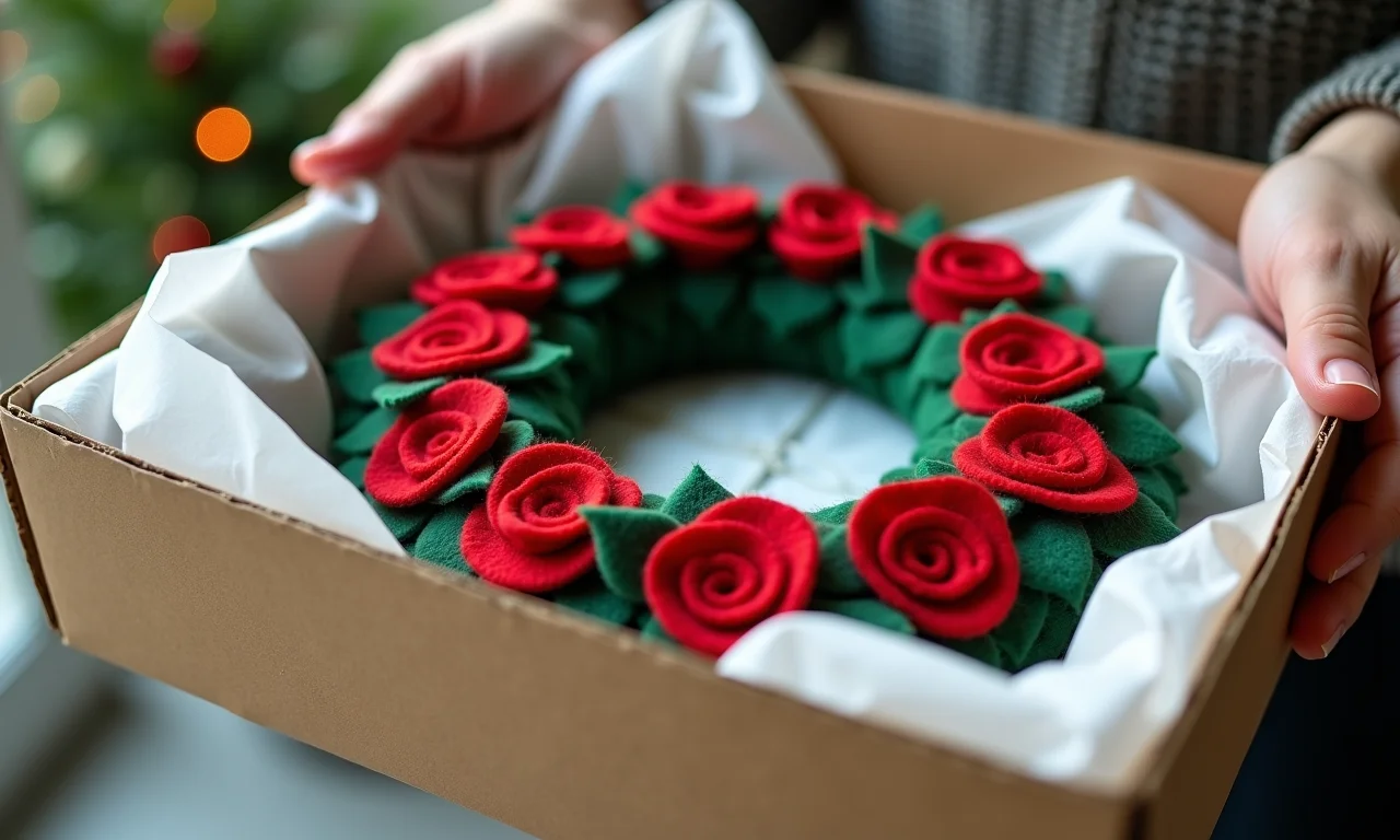 Guirlanda de feltro sendo guardada com cuidado em uma caixa.