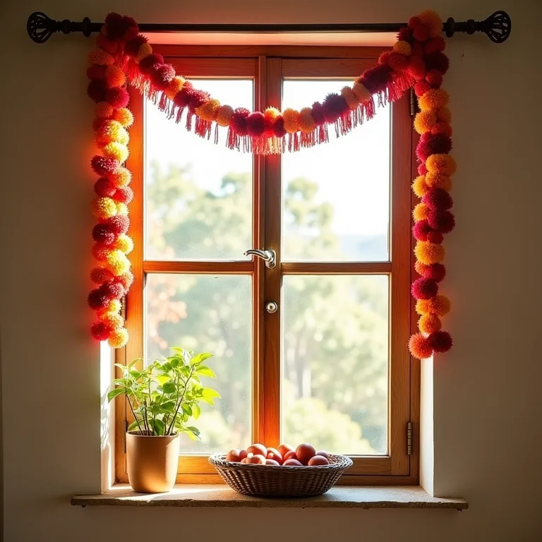 Guirlanda de fuxico colorida pendurada na janela