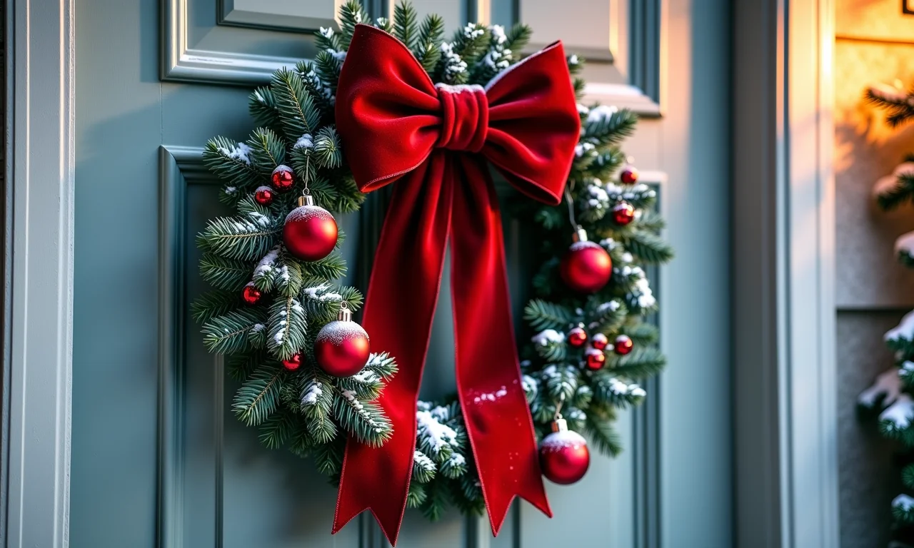 Guirlanda de Natal clássica com laço de veludo vermelho.