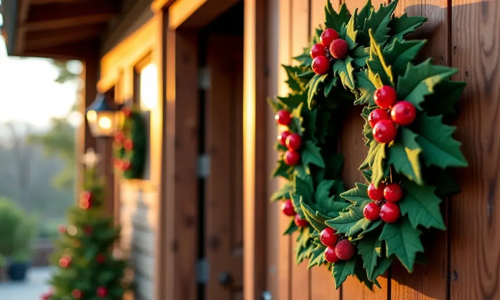 Guirlanda de Natal feltro: 40 modelos lindos Guirlanda de Natal de feltro pendurada em porta de madeira rústica.