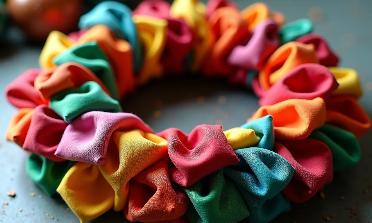 Guirlanda de Natal feita com retalhos de tecido coloridos.