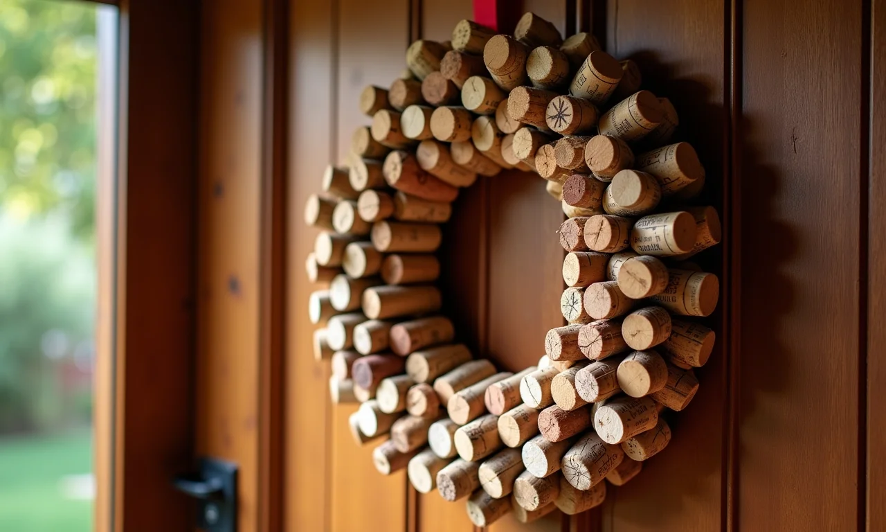 Guirlanda de Natal feita com rolhas de vinho pendurada em porta de madeira.