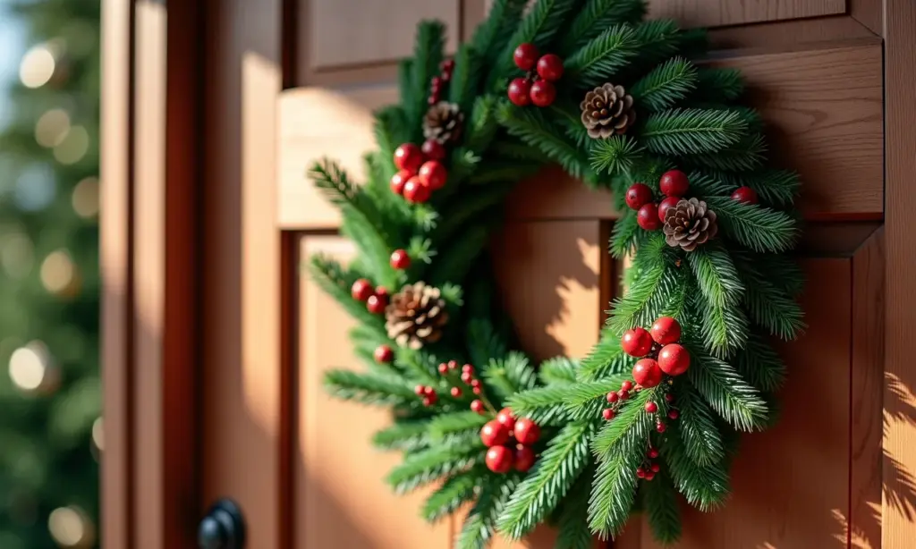 Modelos de guirlandas de Natal: inspire-se Guirlanda de Natal festiva pendurada em porta de madeira rústica.