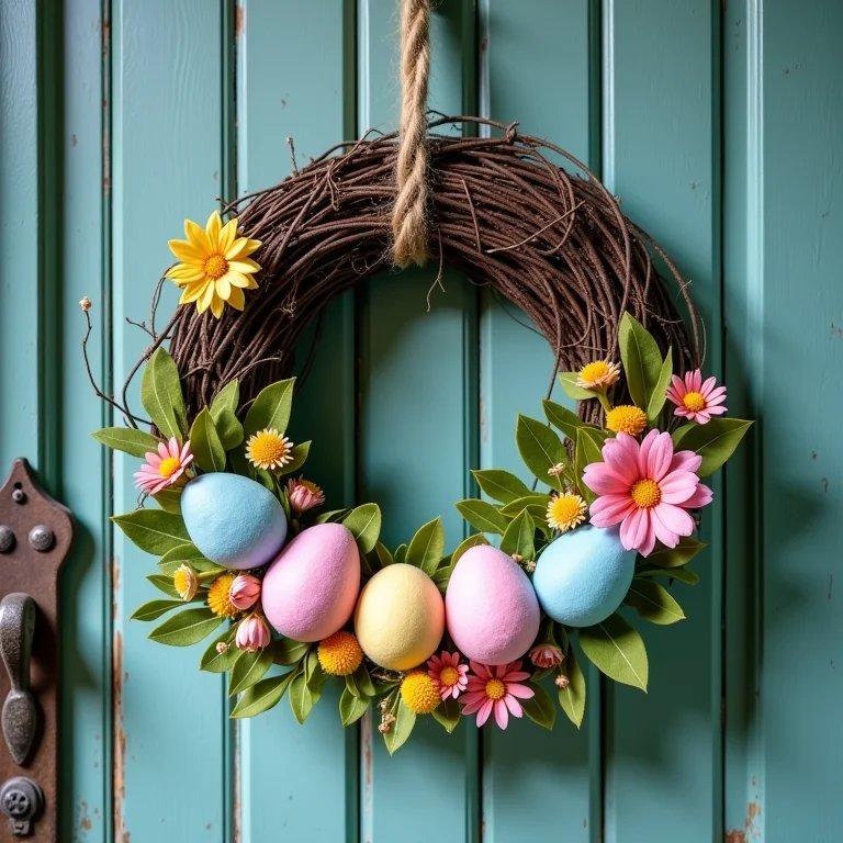 Guirlanda de Páscoa artesanal pendurada em porta de madeira