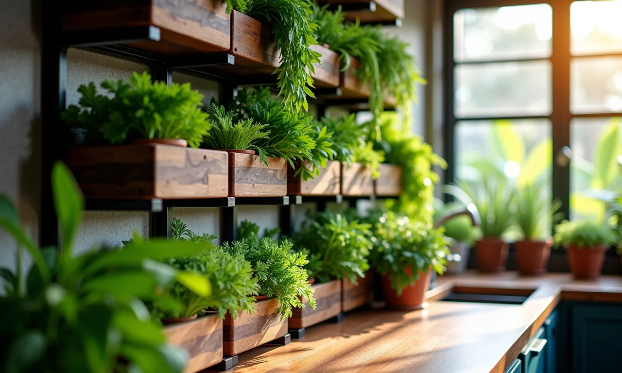 Horta vertical em caixotes de feira em cozinha urbana.