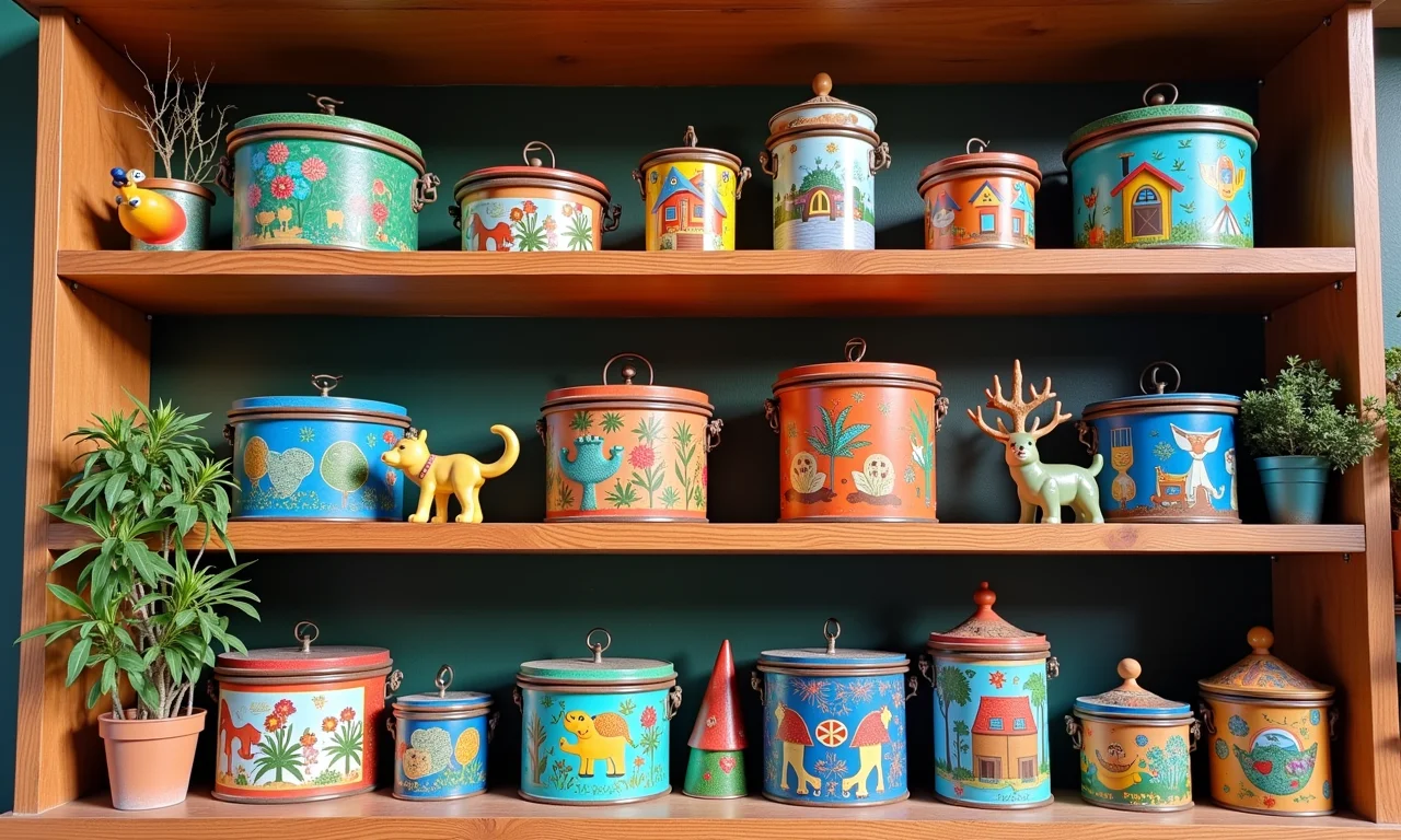 Ideias criativas para artesanato com lata expostas em prateleiras.