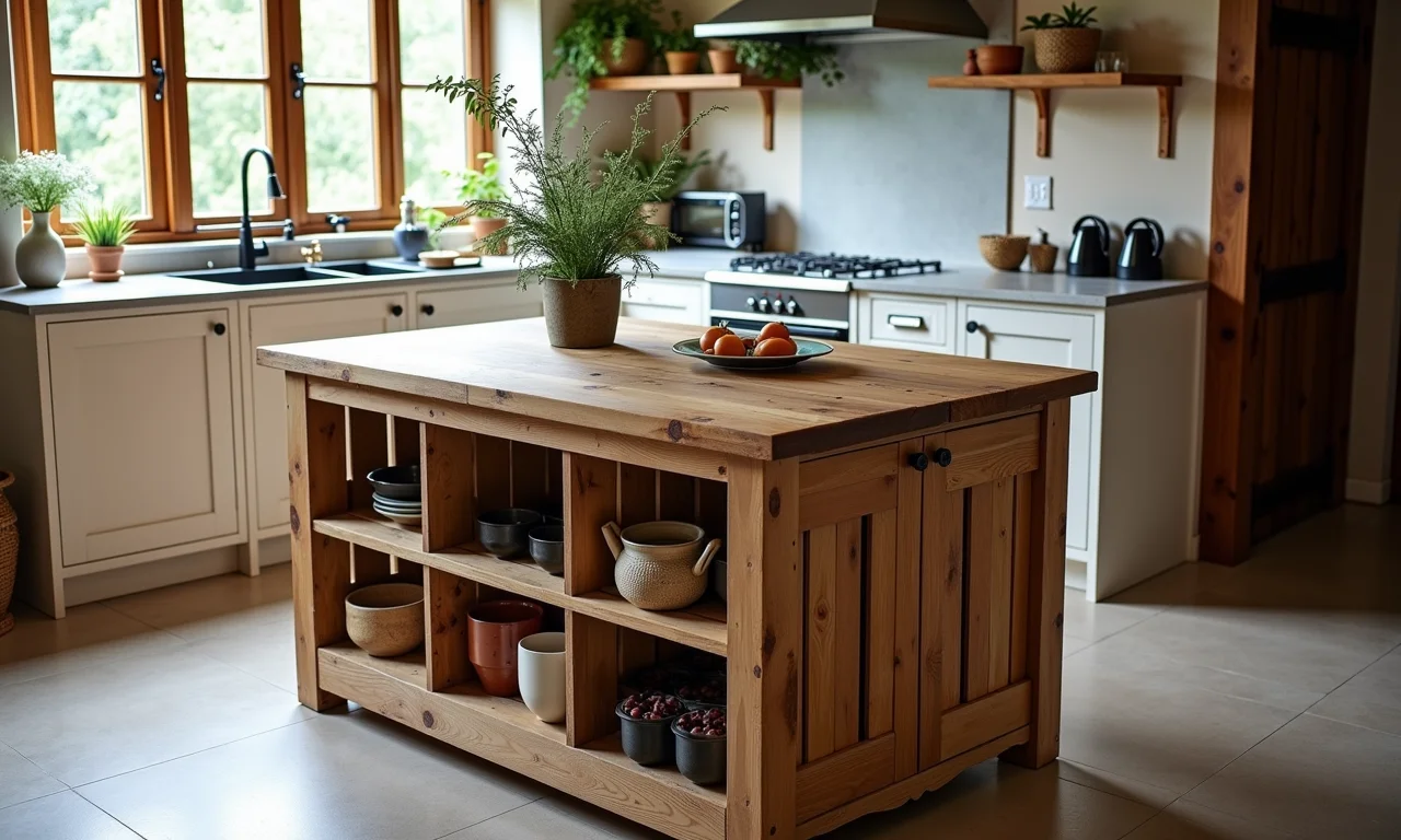 Ilha de cozinha DIY feita com caixotes de feira reciclados.