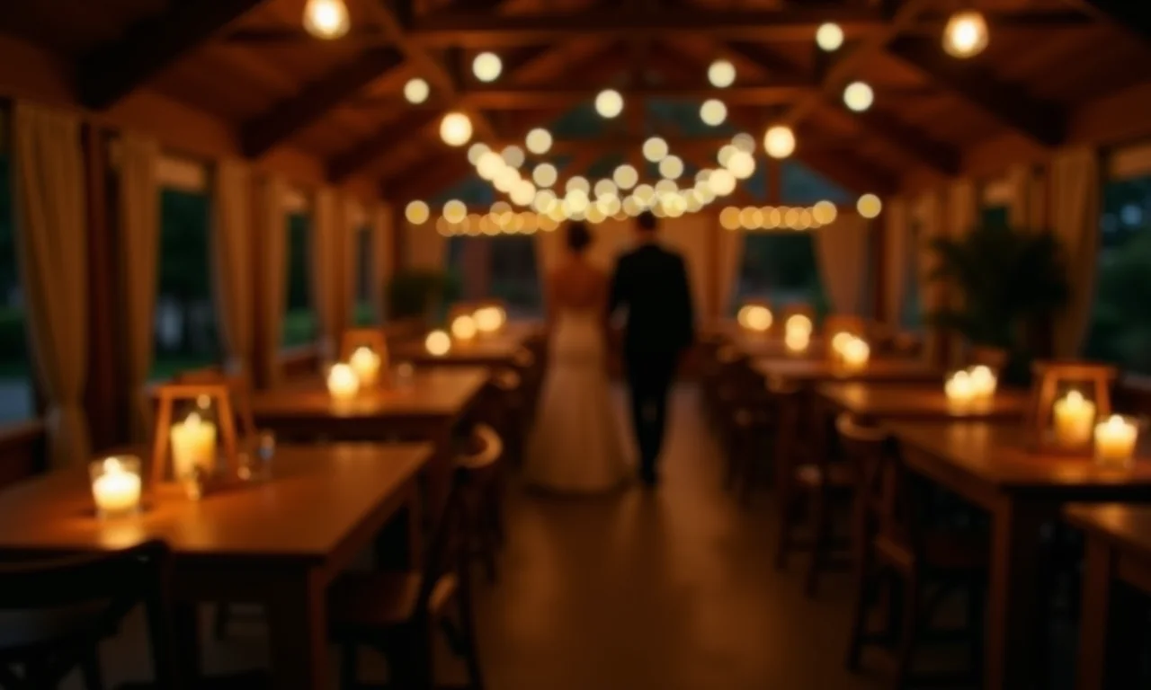Iluminação aconchegante em casamento rústico.