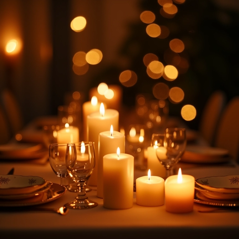 Iluminação romântica em mesa de casamento com velas e luzes.