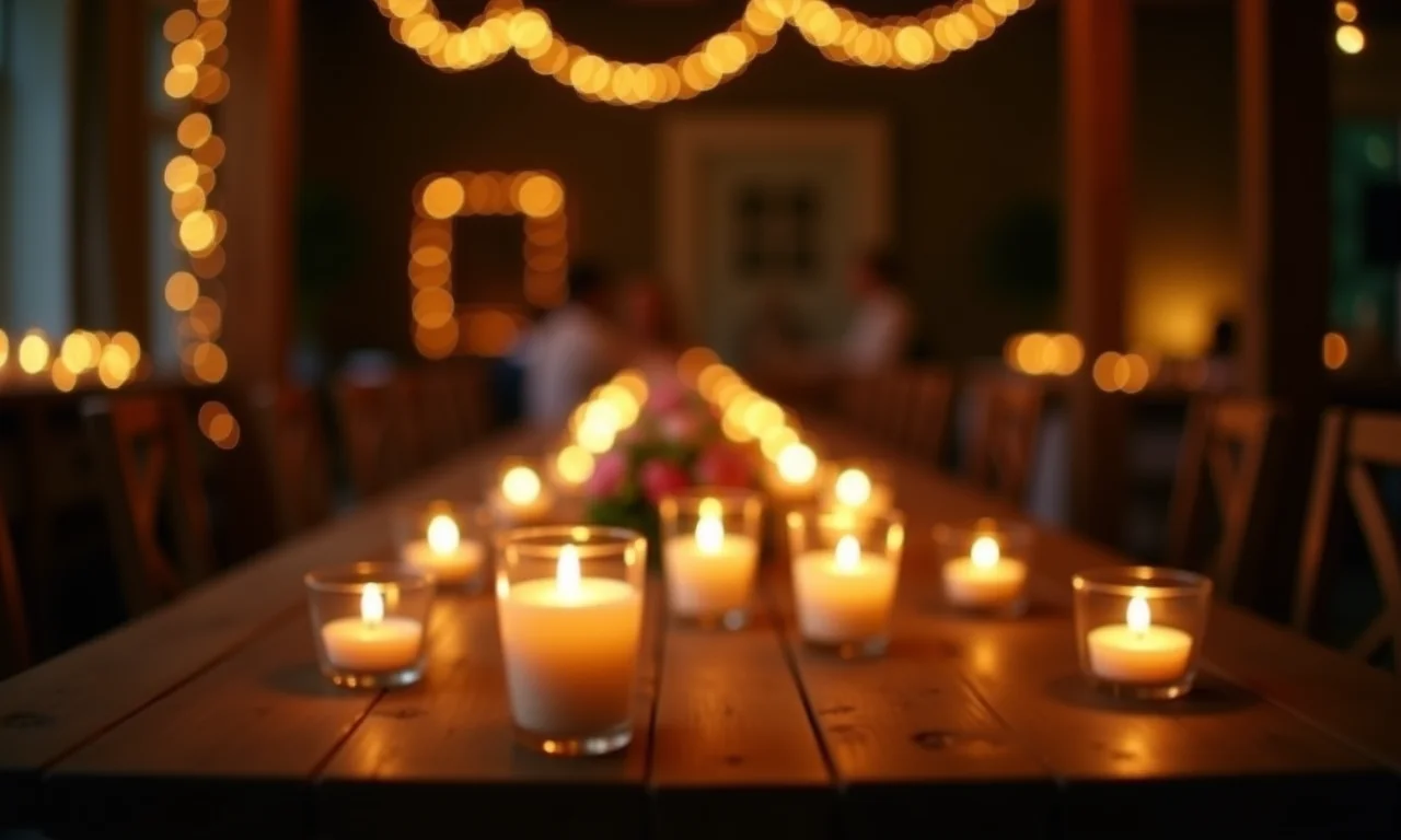 Iluminação suave com velas e luzes em casamento rústico, criando um ambiente romântico.