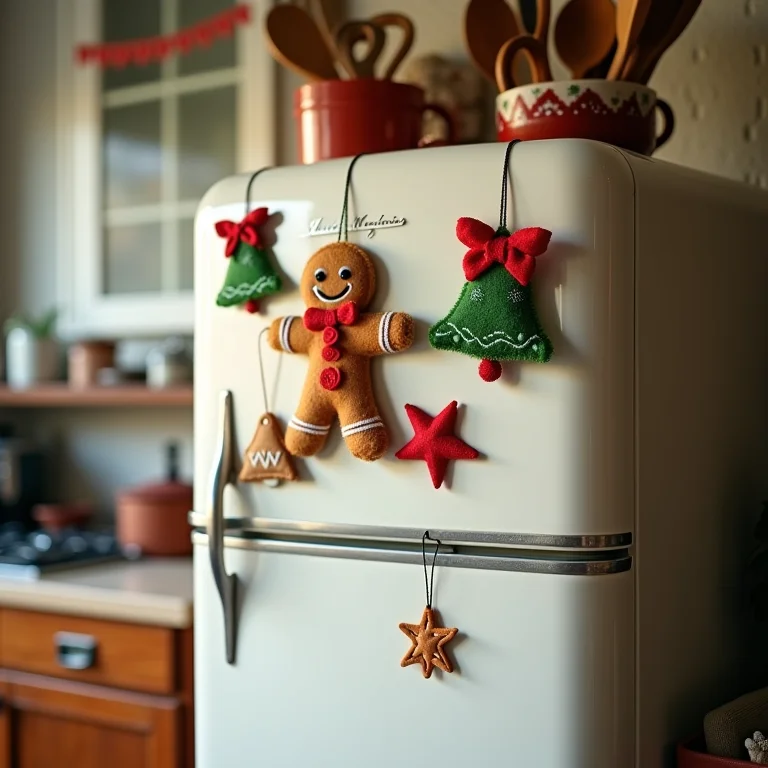 Ímãs de geladeira de feltro com tema natalino decorando uma geladeira vintage