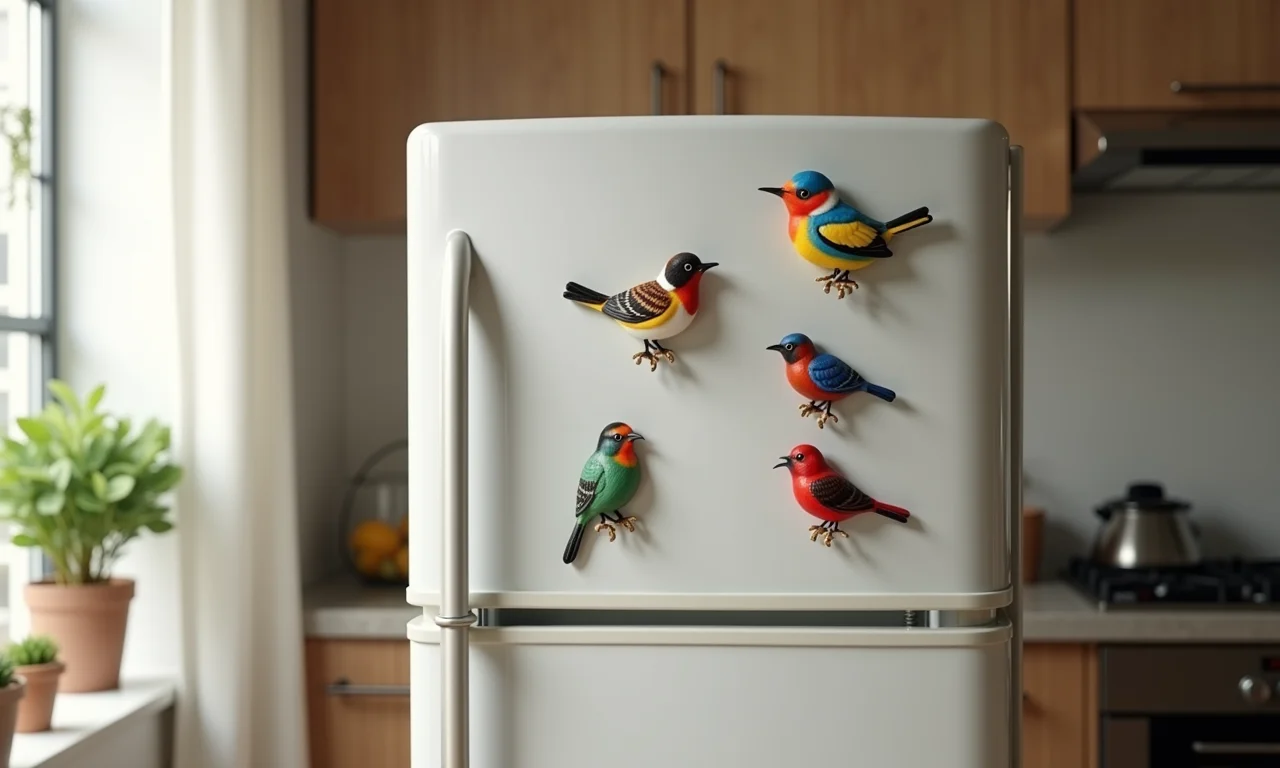 Imãs de geladeira decorados com tema de passarinho.