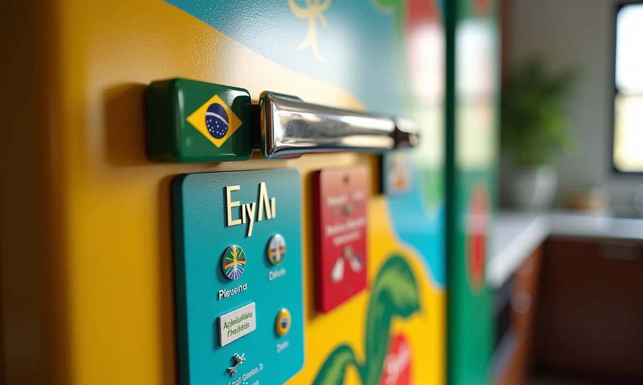 Imãs de geladeira personalizados em EVA fixados em uma geladeira colorida.