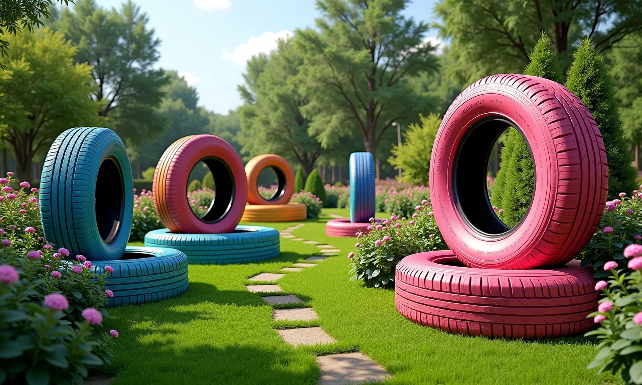 Instalações artísticas criativas feitas com pneus em um jardim.