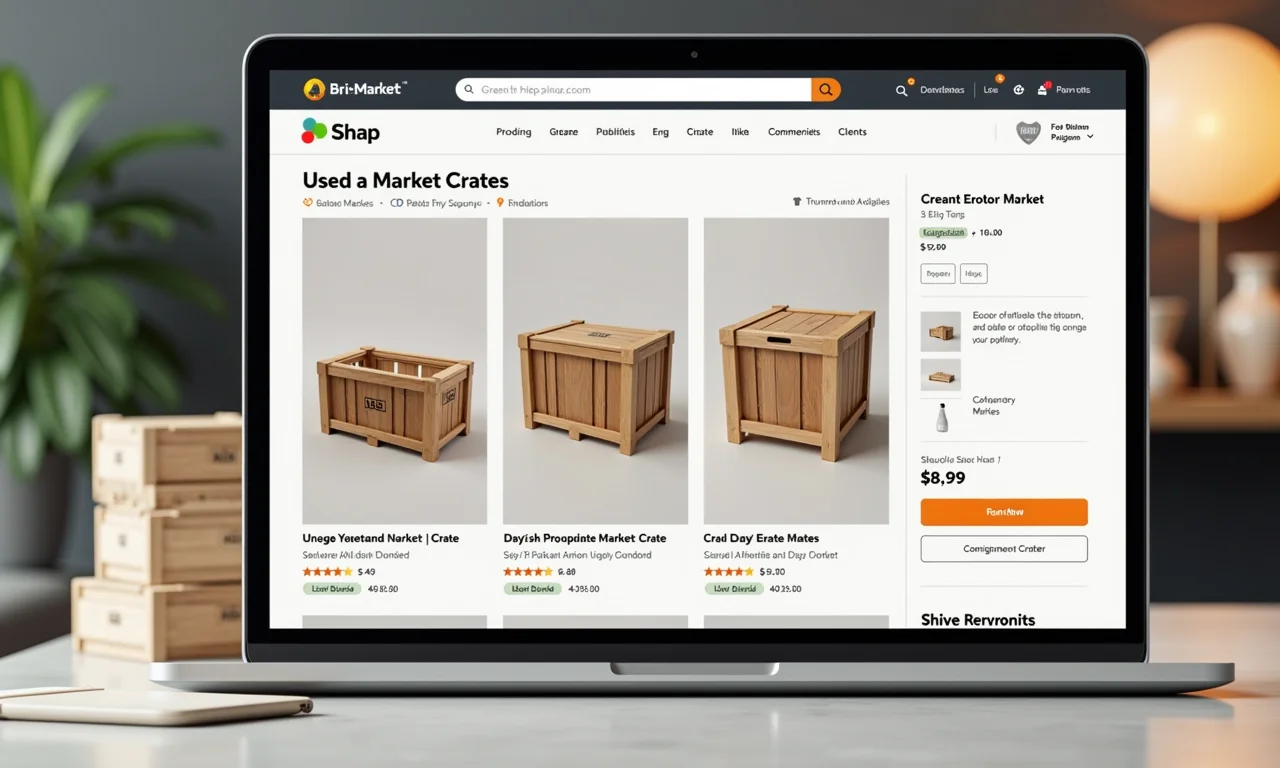 Interface de marketplace online exibindo caixotes de feira usados à venda.