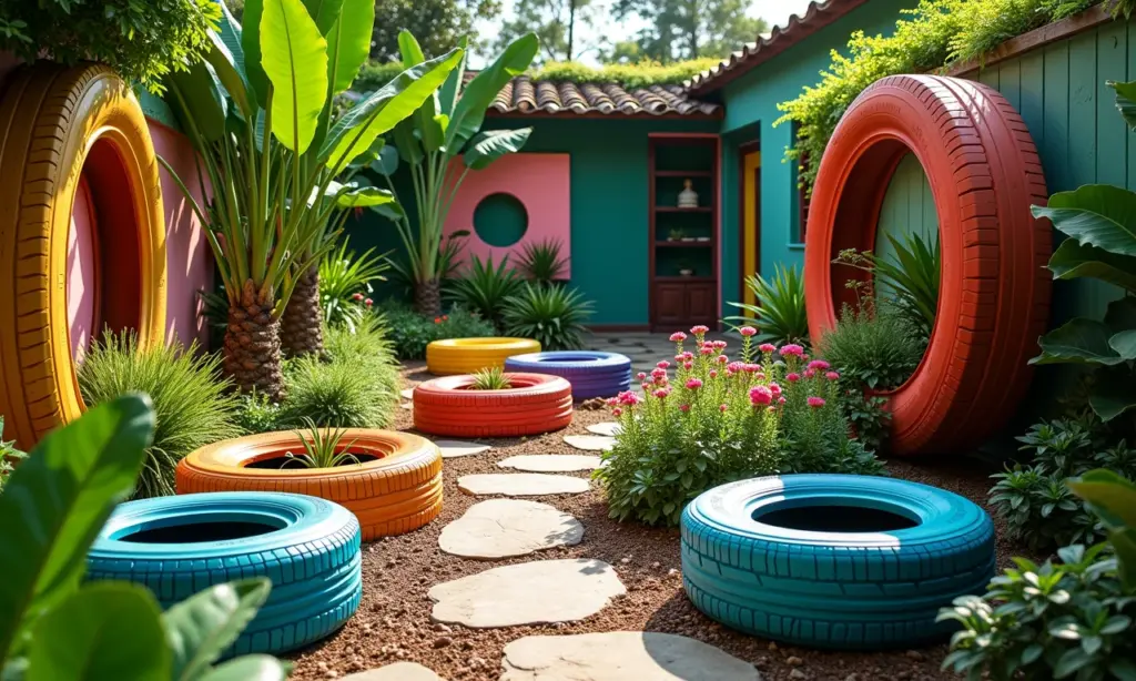 Jardim criativo decorado com pneus reciclados e flores coloridas.