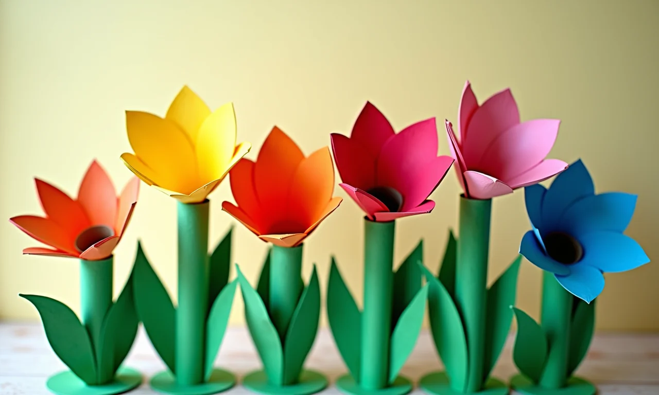 Jardim florido feito com rolinhos de papel higiênico.