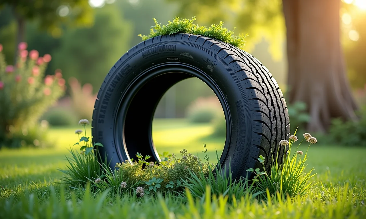 Jardim sustentável com arte feita de pneus reciclados.