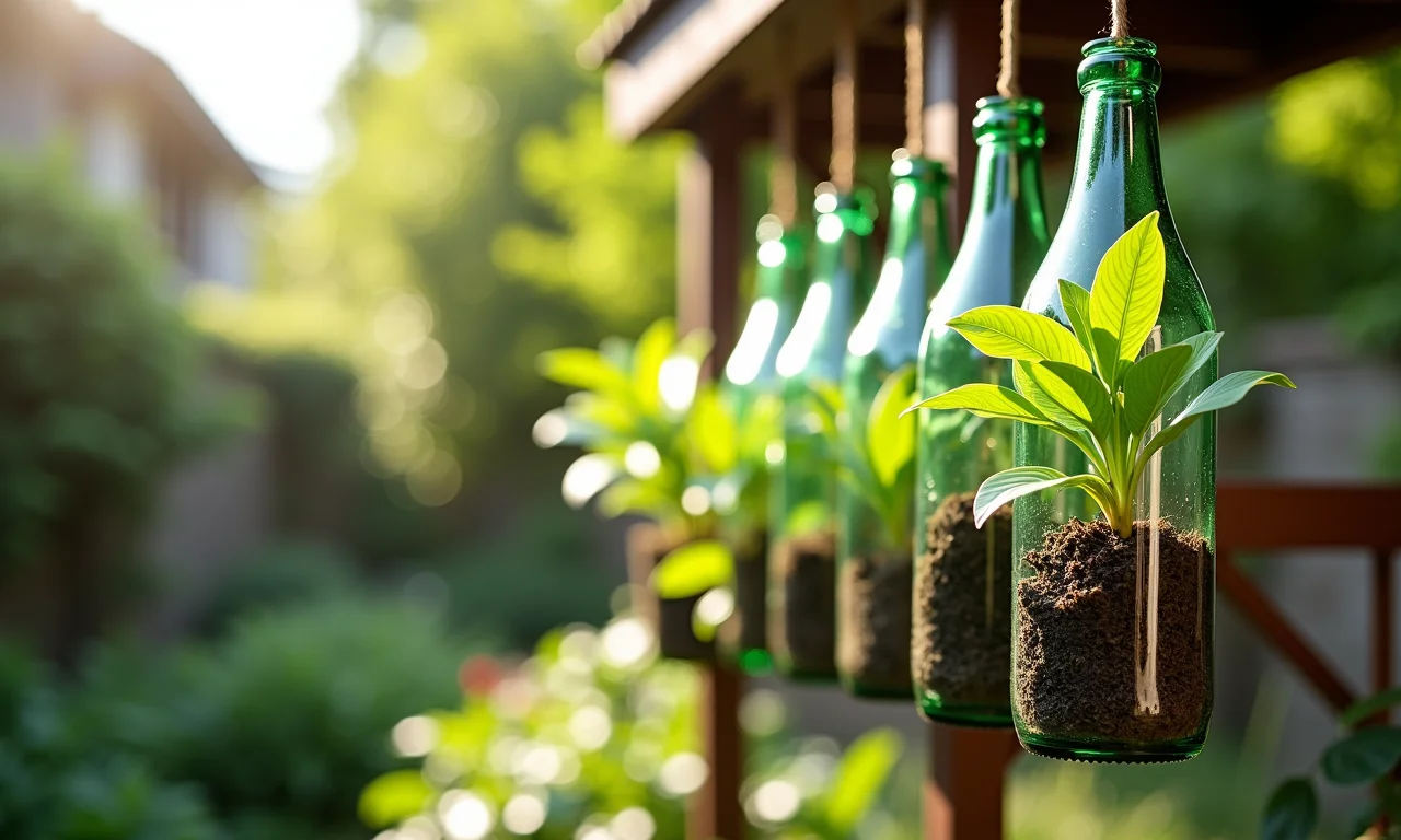 Jardim vertical com garrafas de vidro suspensas como vasos de plantas.