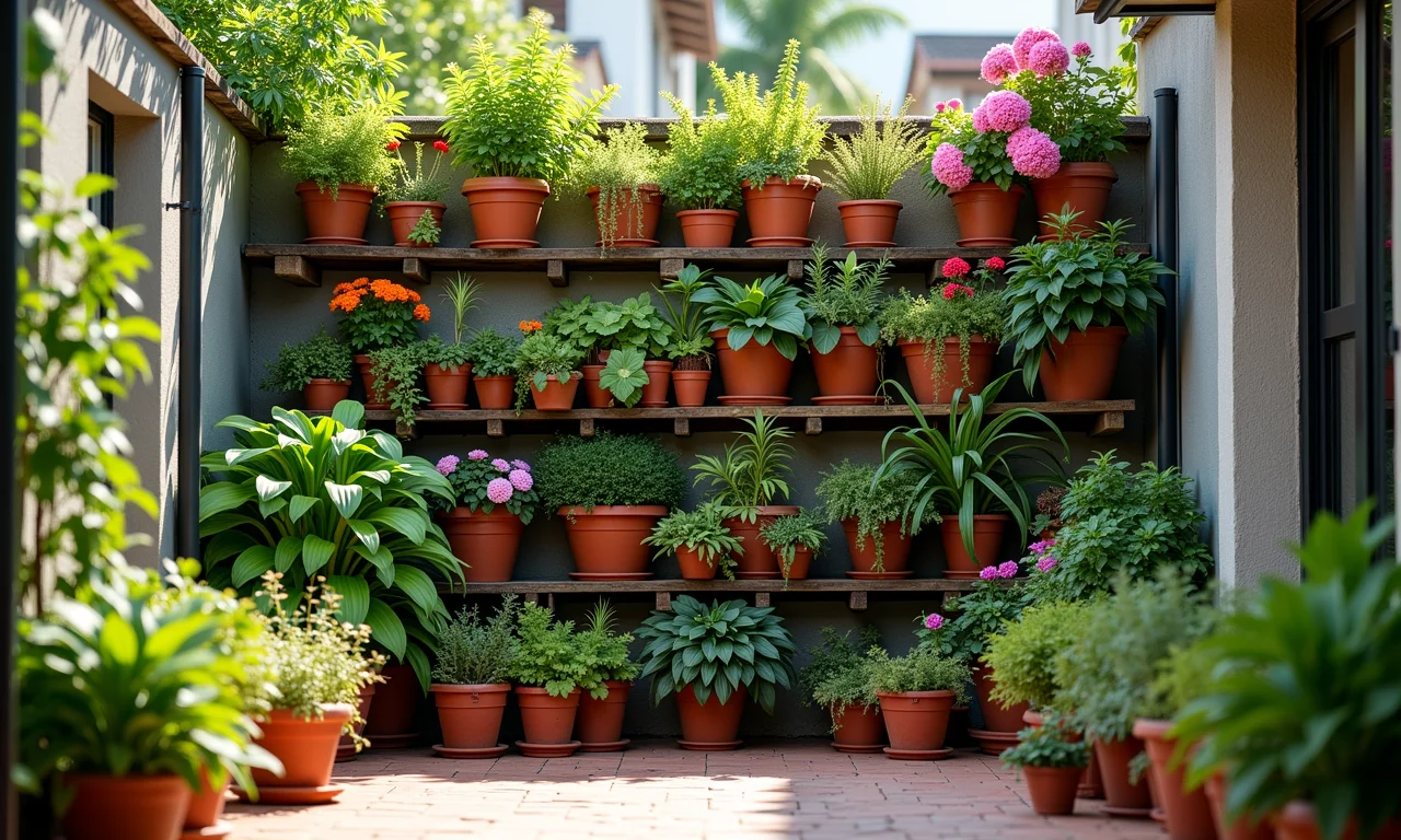 Jardim vertical de pallet com plantas e flores vibrantes em uma varanda estilo brasileiro.