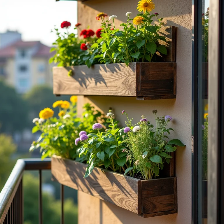 Jardim vertical feito de caixotes de madeira em varanda ensolarada