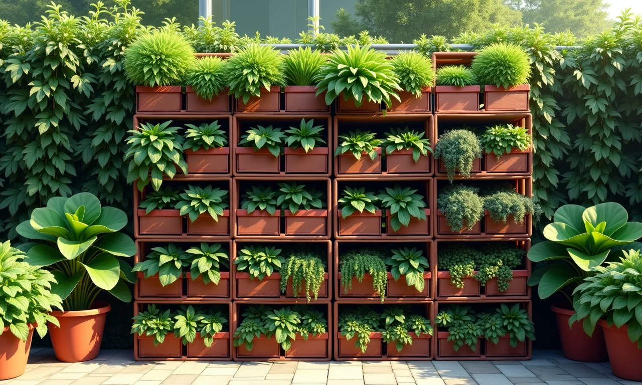 Jardim vertical feito de caixotes empilhados com diversas plantas em vasos ao ar livre.