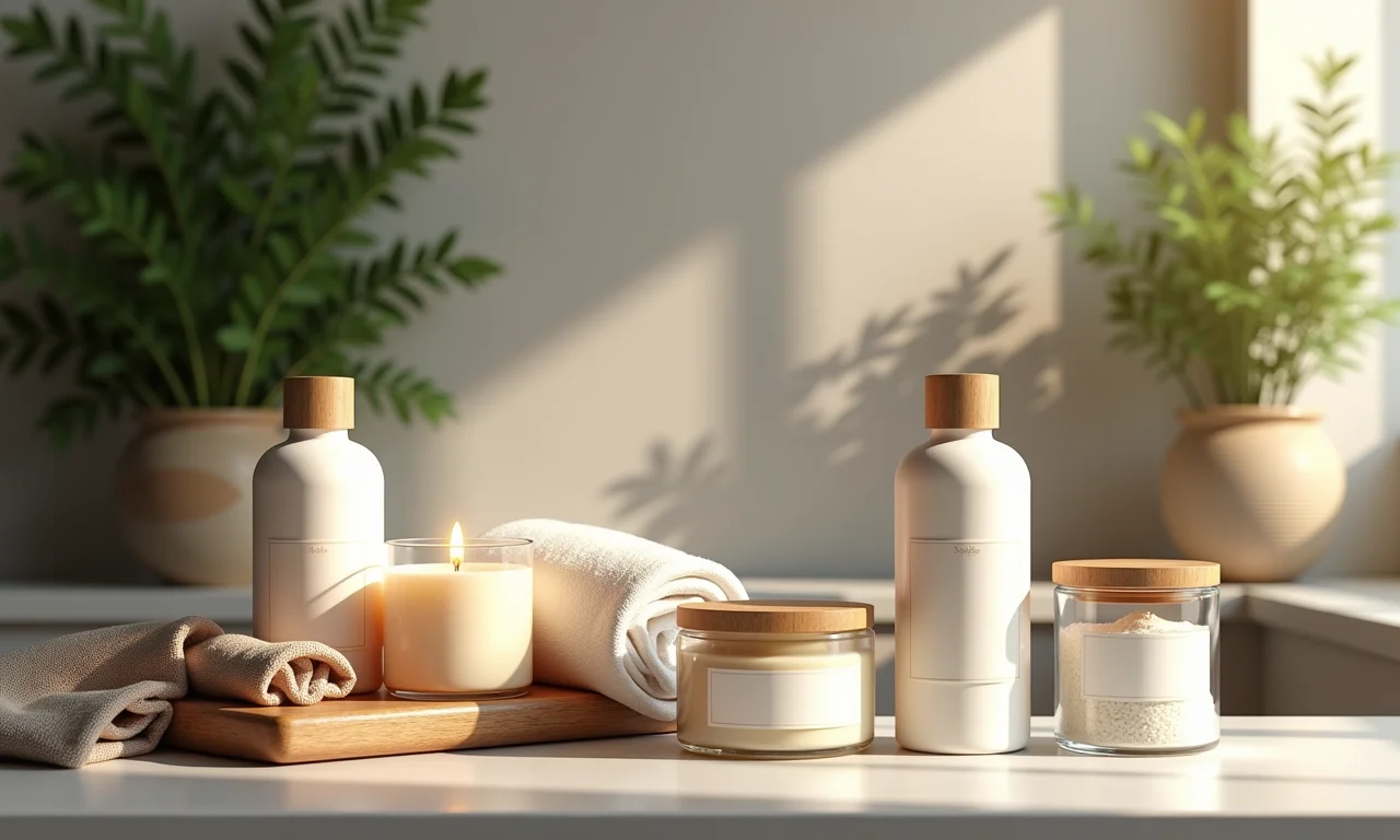 Kits de mimos relaxantes com velas, loções e sais de banho em prateleira.