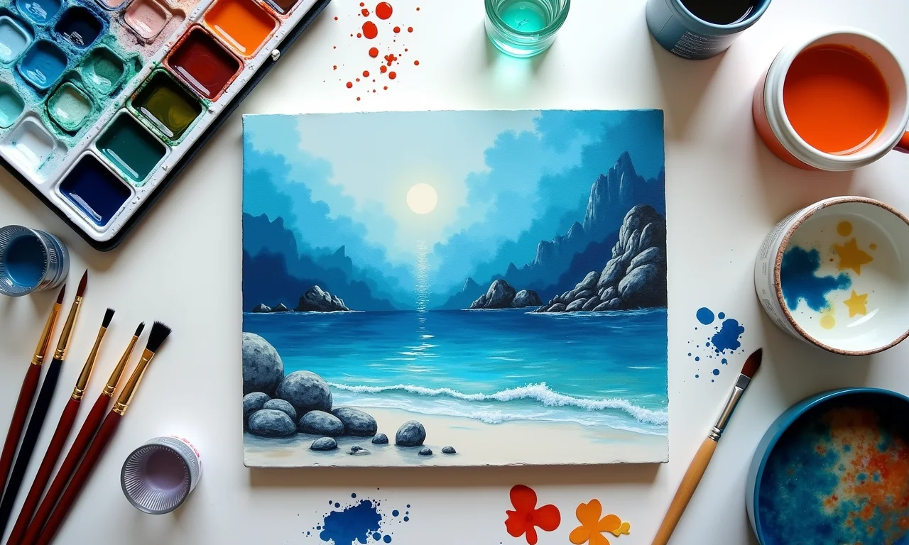 Kits de pintura marinhos com pincéis e aquarela.