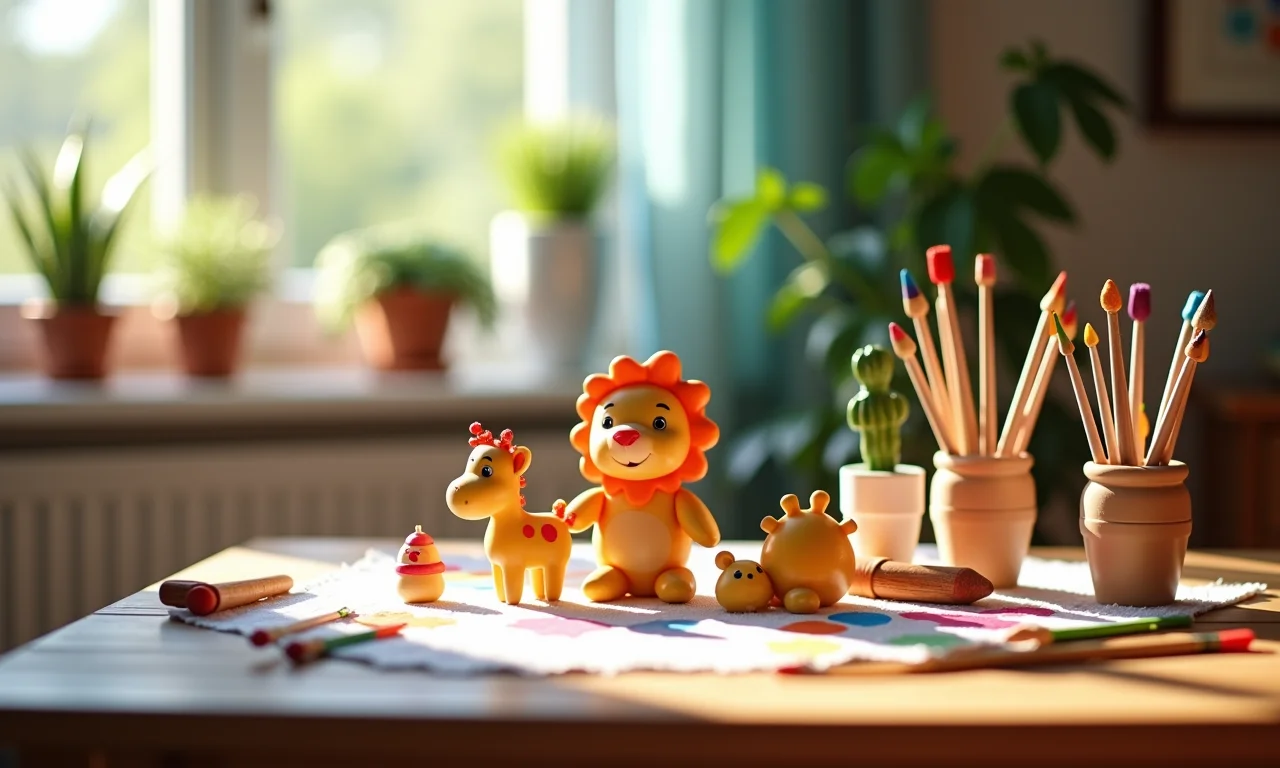 Kits de pintura para crianças dispostos em uma mesa.