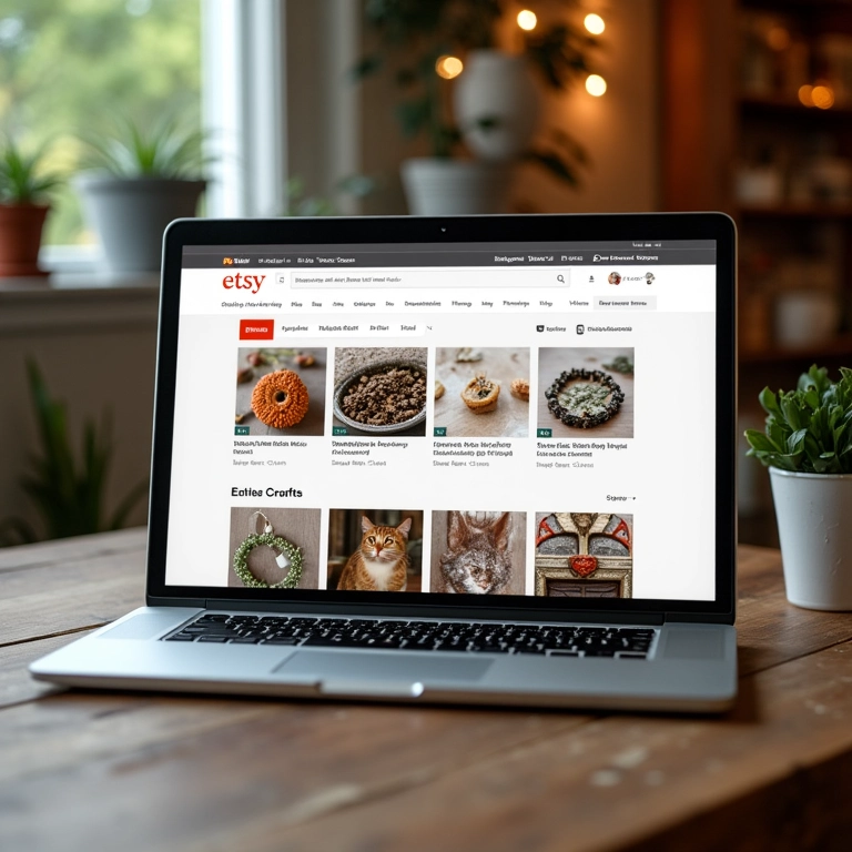 Laptop mostrando a loja Etsy com produtos artesanais únicos e diversos.