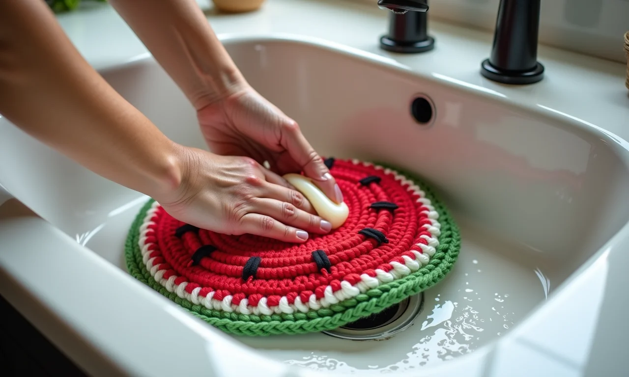 Lavando o tapete de crochê de melancia em uma pia.