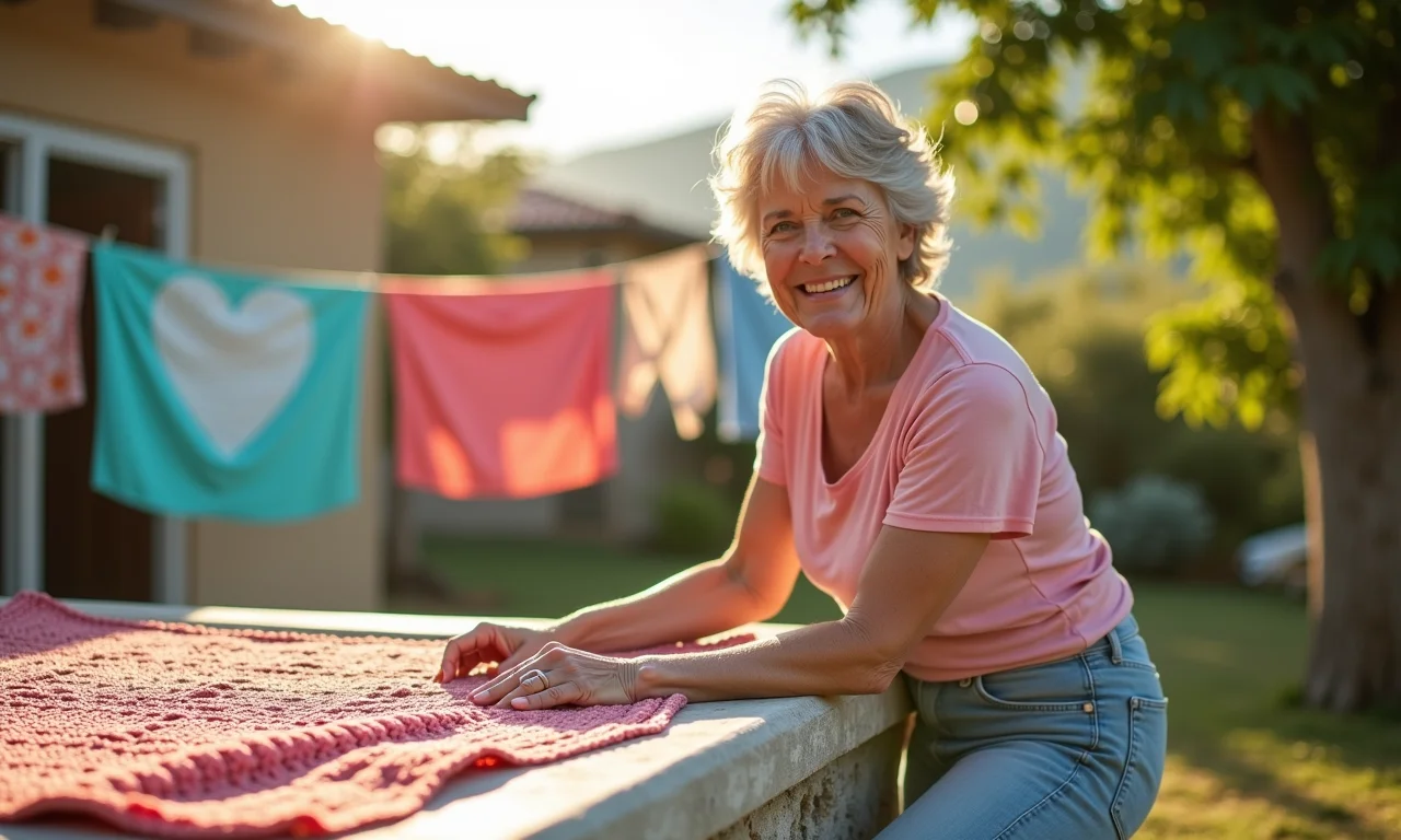 Lavando um tapete de crochê ao ar livre em um dia ensolarado.