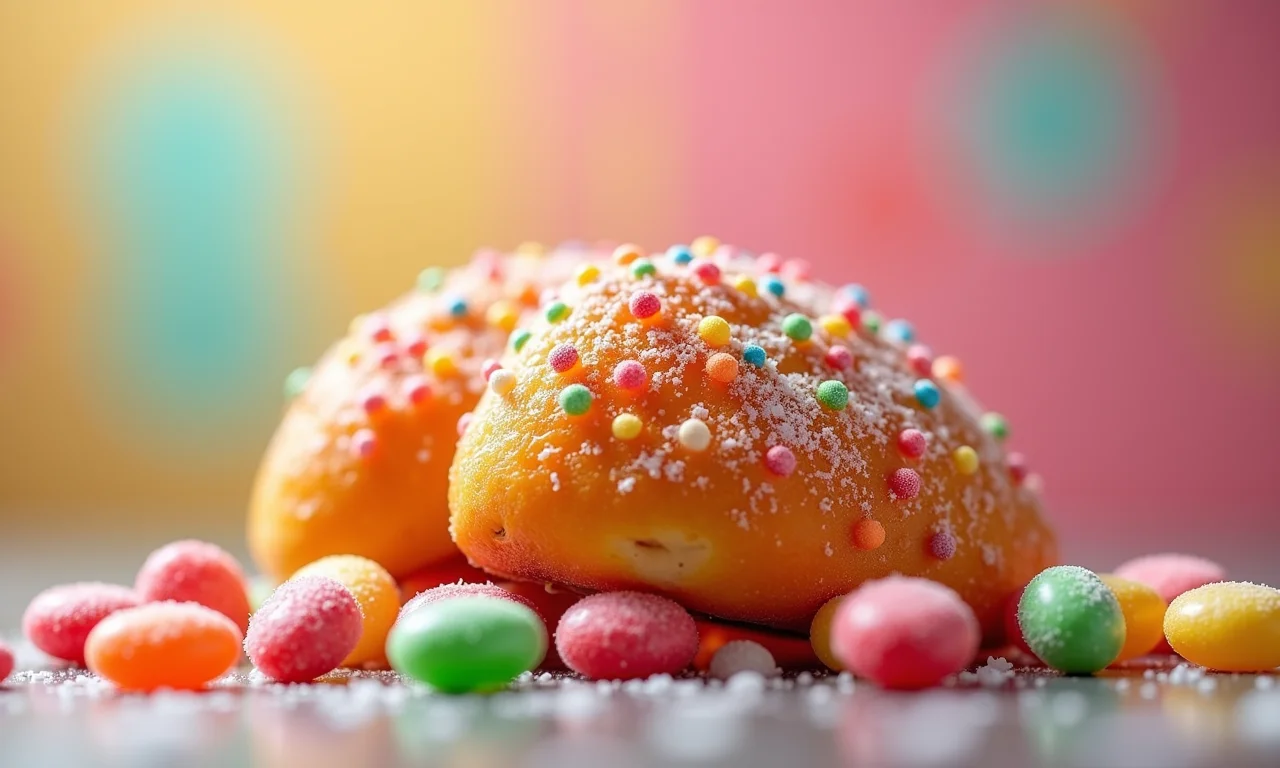 Lembrancinha de fralda com balinhas coloridas para chá de bebê, fundo vibrante.