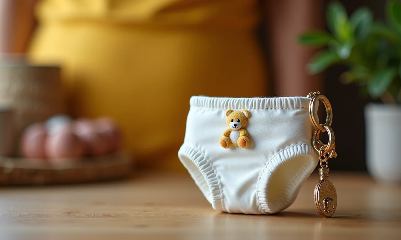 Lembrancinha de fralda com chaveiro temático para chá de bebê, fundo com artesanato brasileiro.