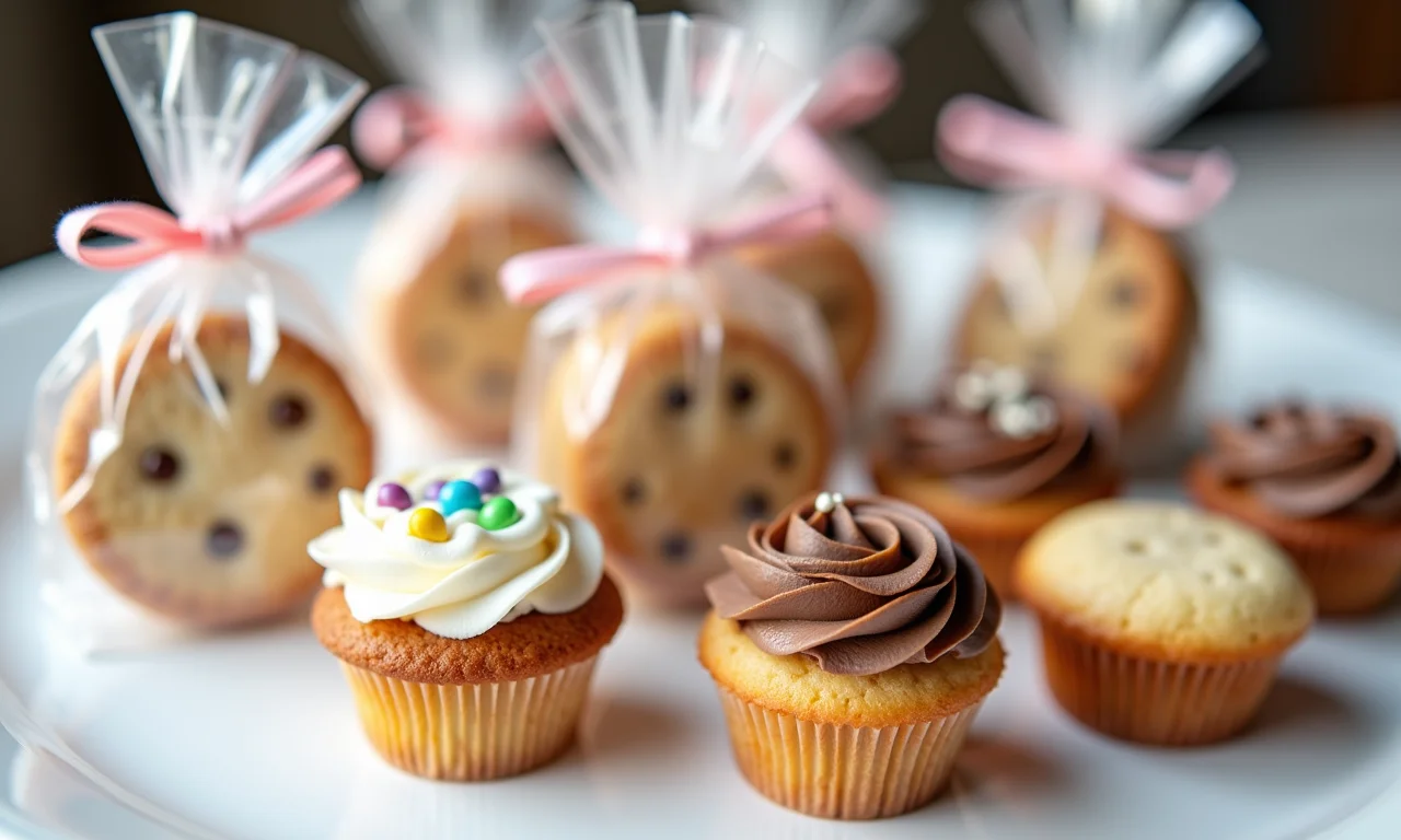 Lembrancinhas comestíveis: cookies e mini cupcakes gourmet embalados individualmente.