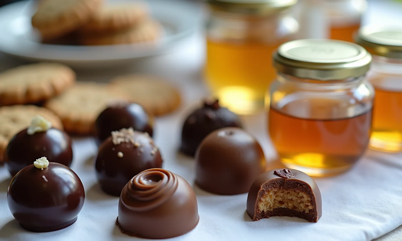 Lembrancinhas comestíveis de casamento: chocolates, mel e cookies personalizados.