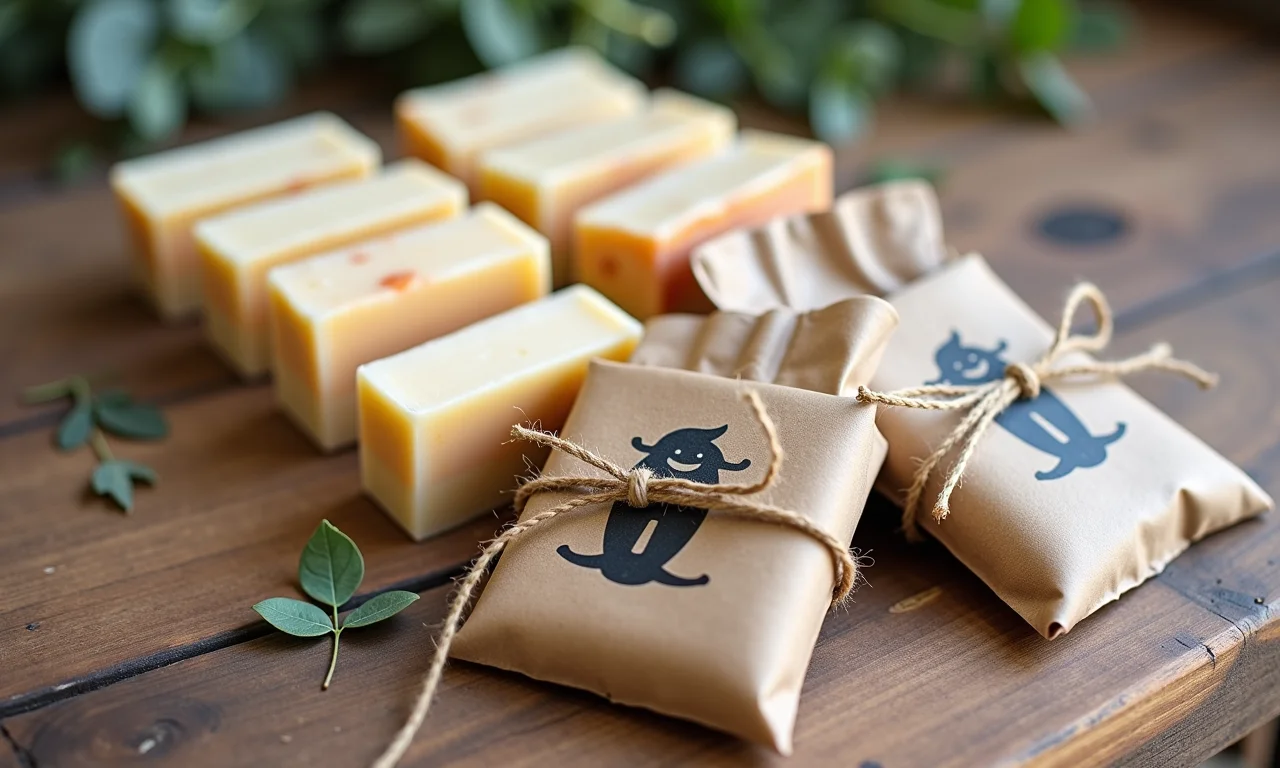 Lembrancinhas criativas: sabonetes artesanais e pacotes de sementes personalizados.