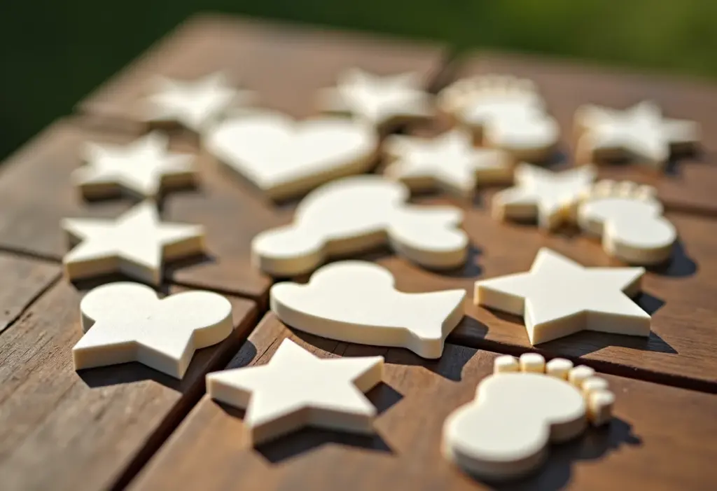 Lembrancinhas de bebê em EVA sobre mesa rústica.