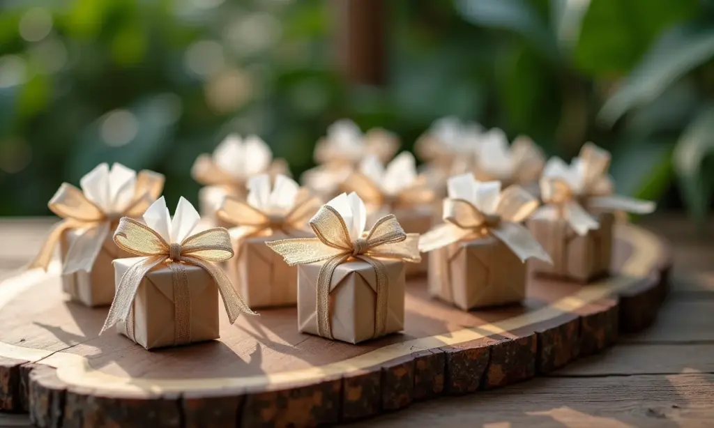 Lembrancinhas de casamento artesanais em mesa rústica.