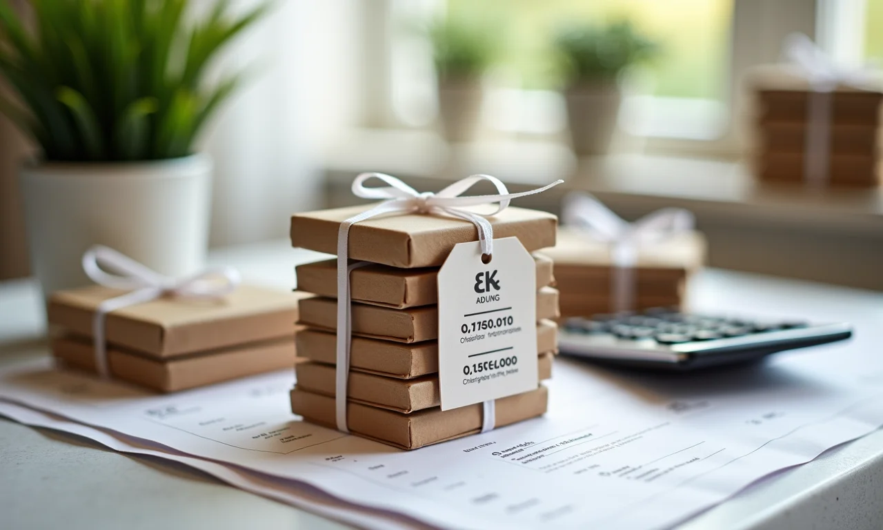 Lembrancinhas de casamento com etiquetas de preço e quantidade.