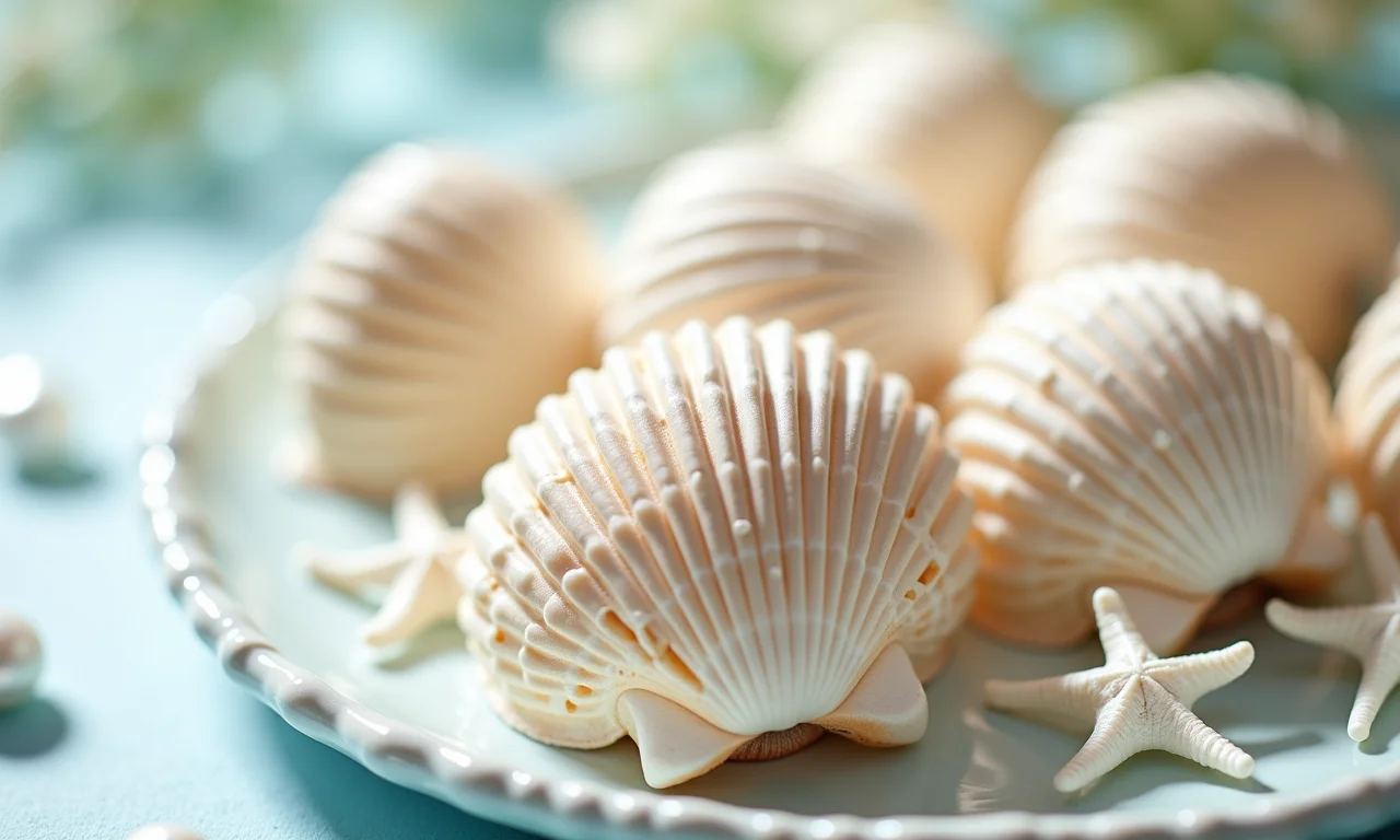 Lembrancinhas de conchas elegantes com detalhes em pérolas.