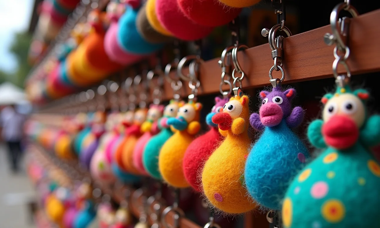 Lembrancinhas de festa da Galinha Pintadinha feitas de feltro em uma feira de artesanato.